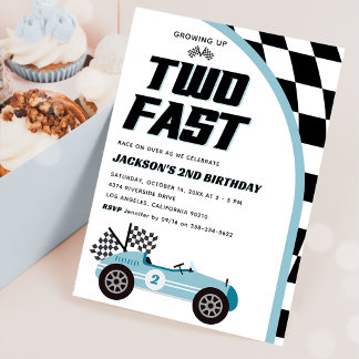 Two Fast Blue Race Car Birthday Party Invitation