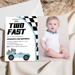 Two Fast Blue Race Car Birthday Party Photo  Invitation