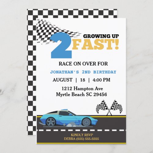 Two Fast Blue Race Car Boy 2nd Birthday Party   Invitation
