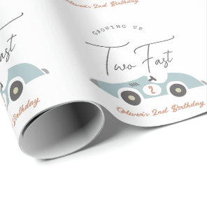 Two Fast Blue Race Car Boy 2nd Birthday Wrapping Paper