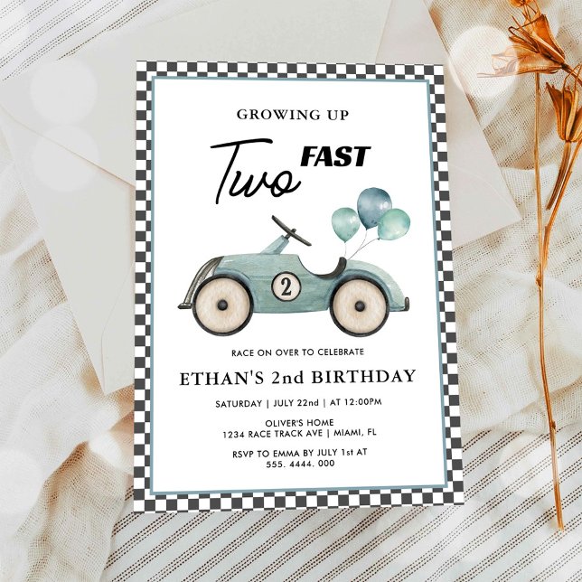 TWO Fast Blue Race Car Boys 2nd Birthday Invitation (Creator Uploaded)