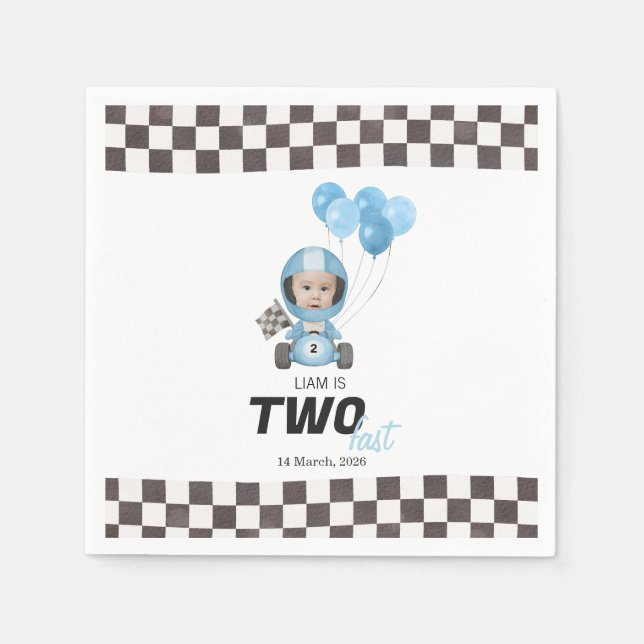 Two Fast Blue Race Car Custom Photo 2nd Birthday Napkins (Front)