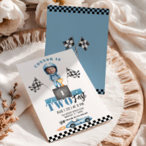 Two Fast Blue Race car Photo 2nd Birthday Invitation
