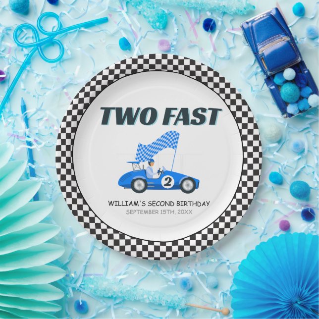 Two Fast Blue Race Car Second Birthday  Paper Plates (Party)