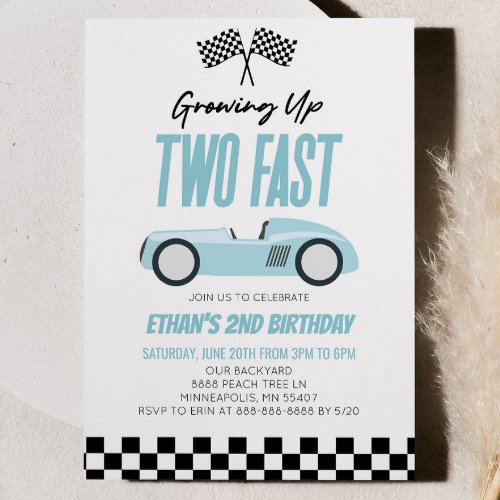 Two Fast Blue Racecar Race Car 2nd Birthday Party Invitation