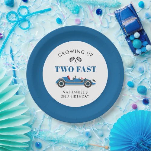 Two Fast Blue Racing Car 2nd Birthday Paper Plates