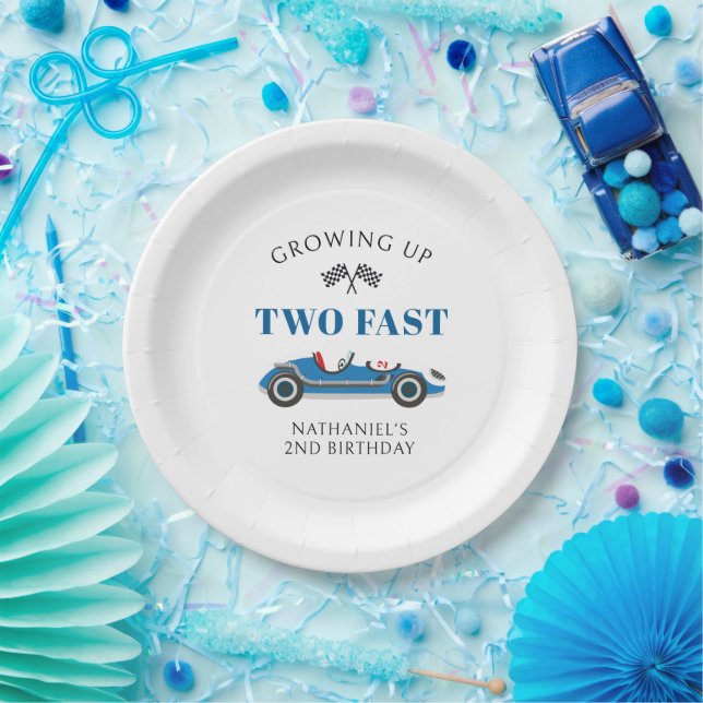 Two Fast Blue Racing Car 2nd Birthday Paper Plates (Party)