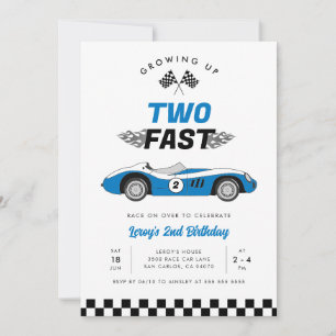 Two Fast Blue Vintage Race Car Boy 2nd Birthday Invitation