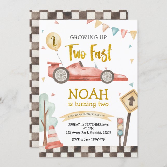 Two Fast Boy Second Birthday Racing Invitation (Front/Back)