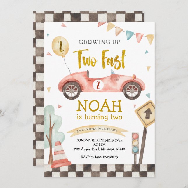 Two Fast Boy Second Birthday Retro Racing Car Invitation (Front/Back)