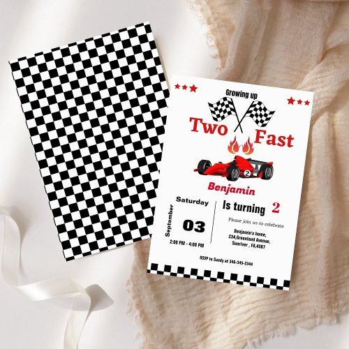 Two fast car race  Boy 2nd birthday party Invitation
