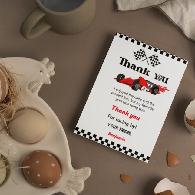 Two fast car race boybirthday party thank you card (Creator Uploaded)
