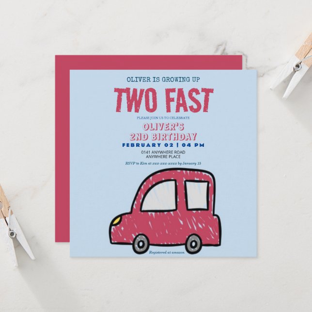Two fast car theme boy 2nd birthday  invitation (Front/Back In Situ)