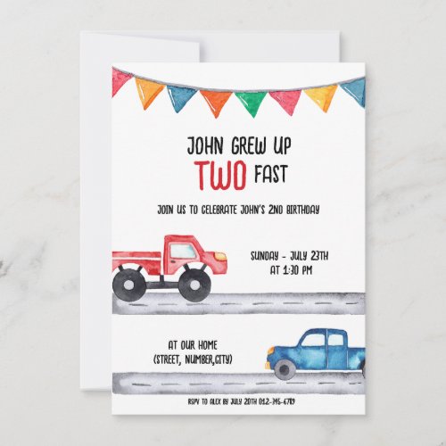Two fast Cars theme for 2nd Birthday Invitation