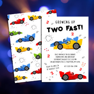 Two Fast Colorful Racing Cars 2nd Birthday Invitation
