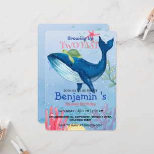 Two fast Cute Blue Sea Coral turtle Whale Birthday Invitation