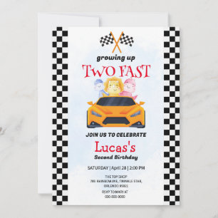 Two Fast Dinosaur Race Car 2nd Birthday Party  Invitation