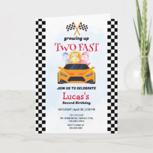 Two Fast Dinosaur Race Car 2nd Birthday Party  Invitation