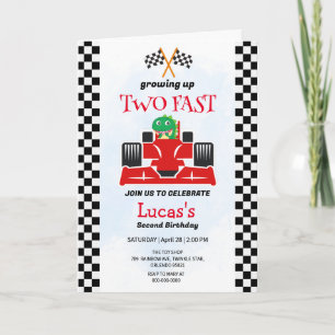 Two Fast Dinosaur Race Car 2nd Birthday Party  Invitation