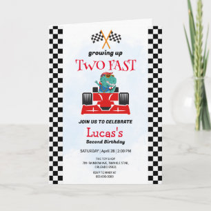 Two Fast Dinosaur Race Car 2nd Birthday Party  Invitation