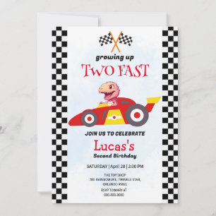 Two Fast Dinosaur Race Car 2nd Birthday Party  Invitation