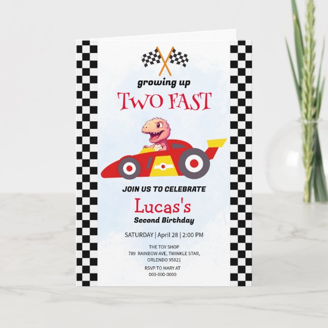 Two Fast Dinosaur Race Car 2nd Birthday Party  Invitation (Front)