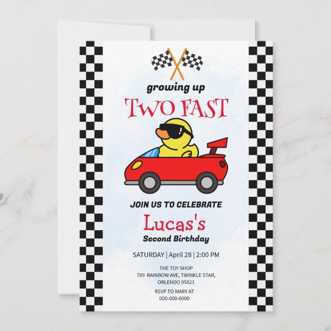 Two Fast Dinosaur Race Car 2nd Birthday Party  Invitation (Front)