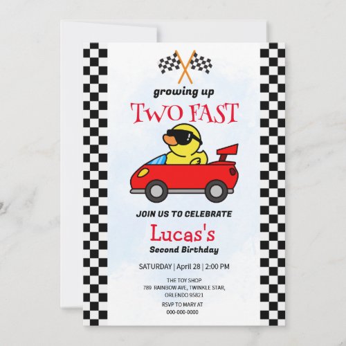 Two Fast Dinosaur Race Car 2nd Birthday Party  Invitation