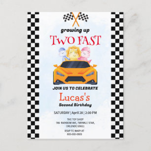 Two Fast Dinosaur Race Car 2nd Birthday Party  Postcard