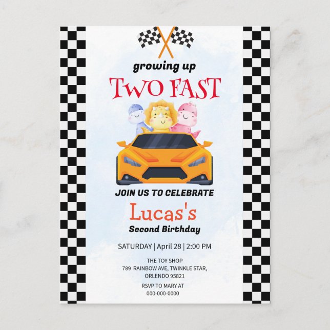 Two Fast Dinosaur Race Car 2nd Birthday Party  Postcard (Front)