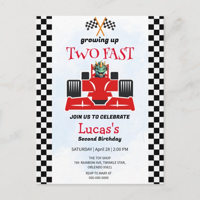 Two Fast Dinosaur Race Car 2nd Birthday Party  Postcard (Front)