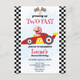Two Fast Dinosaur Race Car 2nd Birthday Party Postcard
