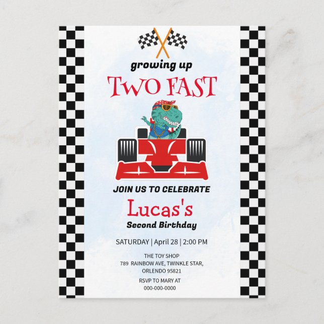Two Fast Dinosaur Race Car 2nd Birthday Party  Postcard (Front)