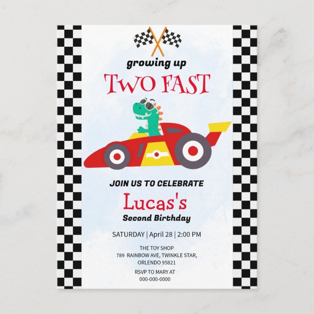 Two Fast Dinosaur Race Car 2nd Birthday Party  Postcard (Front)