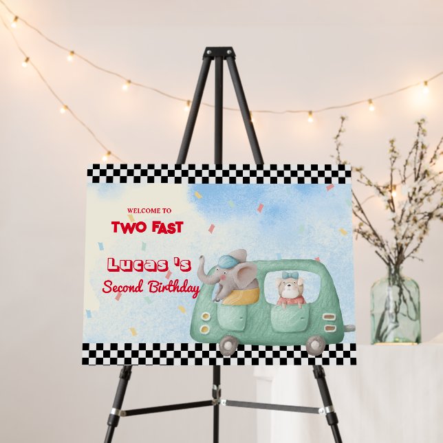 Two Fast Elephant Dog Race Car 2nd HBD Party Foam Board (In Situ (Stand))