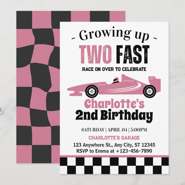 Two Fast Girl 2nd Birthday Party Invitation (Front/Back)