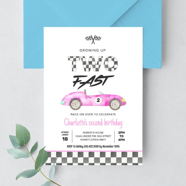 Two Fast Girl Pink Race Car Vintage Birthday Invitation (Creator Uploaded)