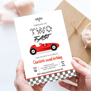 Two Fast Girl Red Race Car Vintage Birthday Invitation