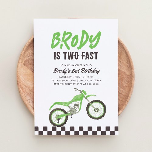 Two Fast Green Dirt Bike Boy 2nd Birthday Invitation