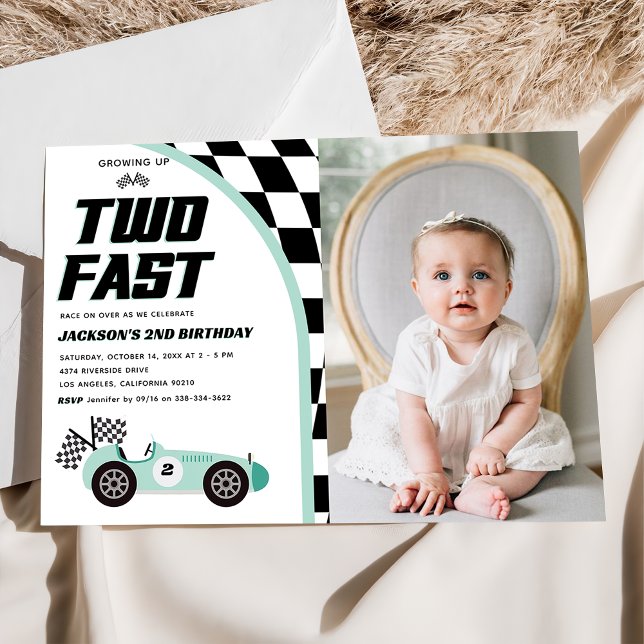 Two Fast Green Race Car Birthday Party Invitation (Creator Uploaded)