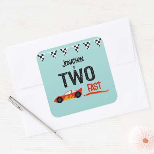 TWO fast kids racecar second birthday party Square Sticker