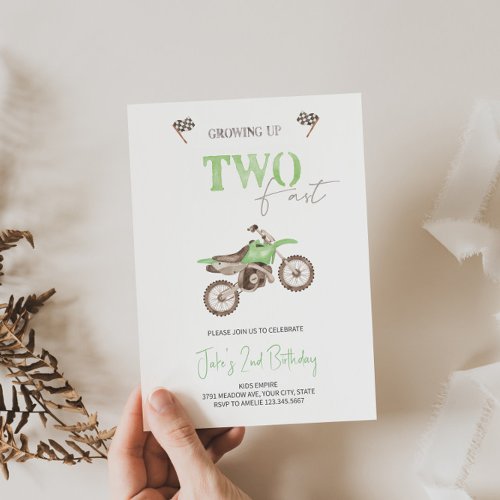 TWO Fast Lime Green Dirt Bike Birthday Invitation 