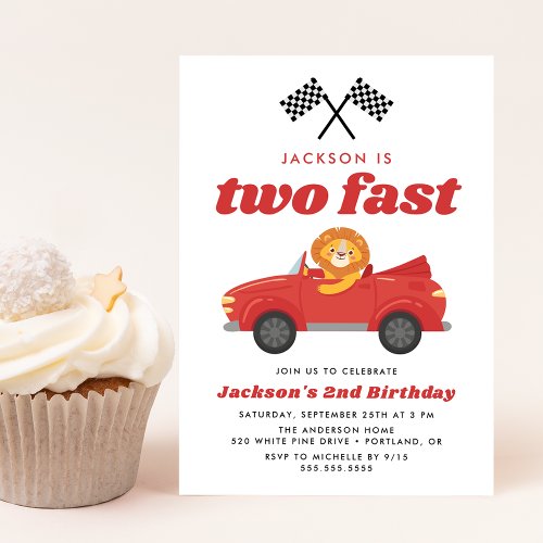 Two Fast Lion Red Race Car Boy 2nd Birthday Invitation