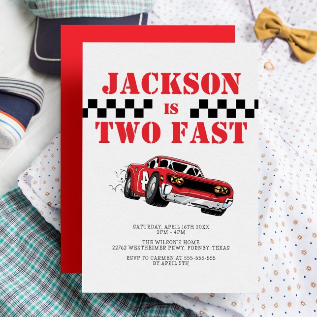 Two Fast Modern Red Race Car Boy 2nd Birthday Invitation (Creator Uploaded)