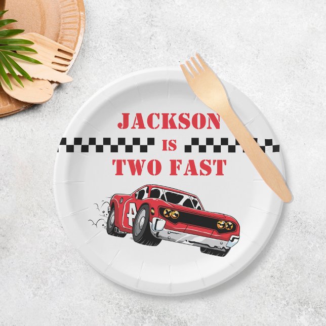 Two Fast Modern Red Race Car Boy 2nd Birthday Paper Plates (Creator Uploaded)