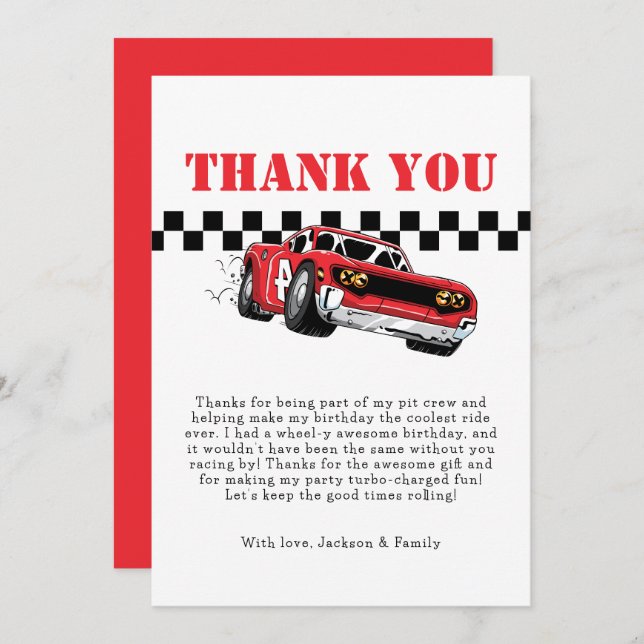Two Fast Modern Red Race Car Boy 2nd Birthday Thank You Card (Front/Back)