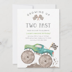 Two Fast Monster Truck 2nd Birthday Green Invitation