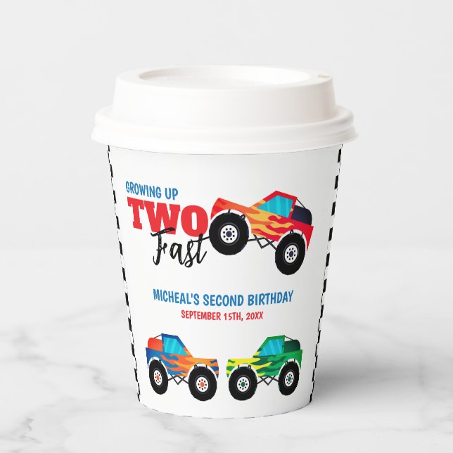 Two Fast Monster Truck 2nd Birthday Paper Cups (Front)