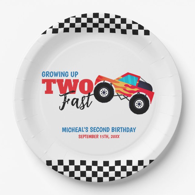 Two Fast Monster Truck 2nd Birthday Paper Plates (Front)