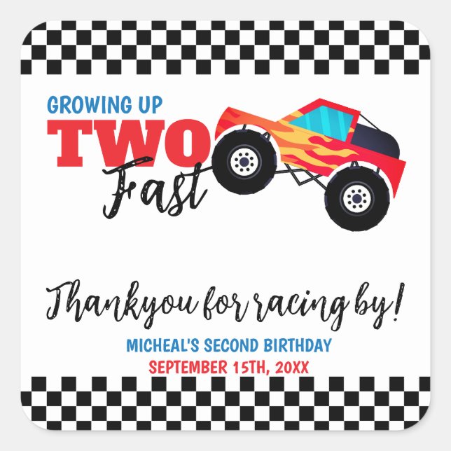 Two Fast Monster Truck 2nd Birthday Square Sticker (Front)